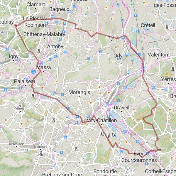 Miniature de la carte de l'inspiration cycliste "Les Chemins de Gravel" dans la Ile-de-France, France. Générée par le planificateur d'itinéraire cycliste Tarmacs.app