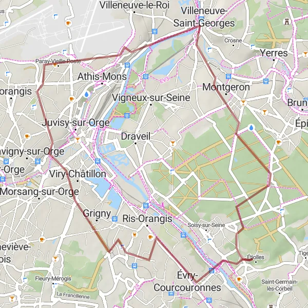 Map miniature of "Étiolles Gravel Adventure" cycling inspiration in Ile-de-France, France. Generated by Tarmacs.app cycling route planner