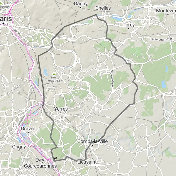 Map miniature of "Étiolles to Combs-la-Ville Road Route" cycling inspiration in Ile-de-France, France. Generated by Tarmacs.app cycling route planner