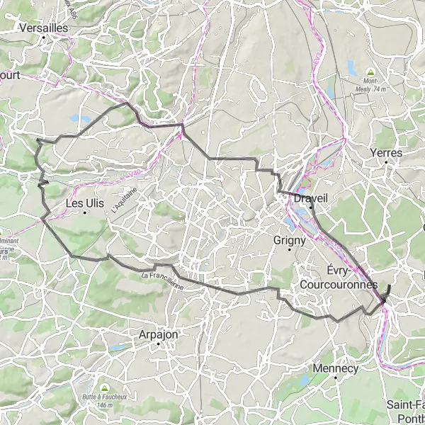 Map miniature of "Road Route - Étiolles Grand Tour" cycling inspiration in Ile-de-France, France. Generated by Tarmacs.app cycling route planner