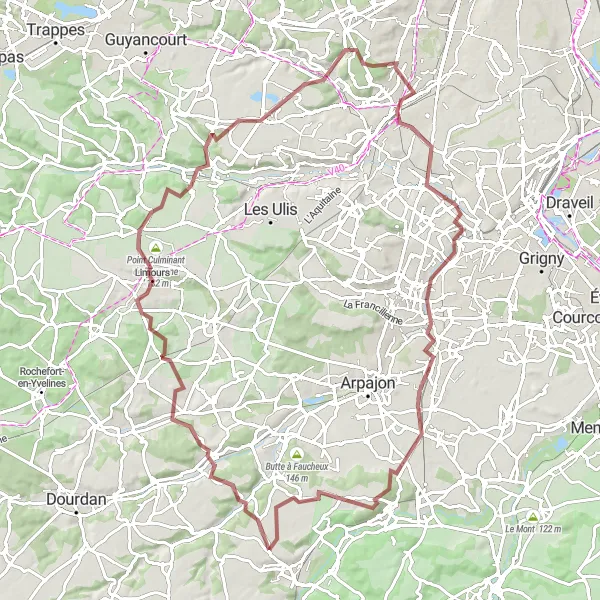 Map miniature of "Thrilling Gravel Odyssey" cycling inspiration in Ile-de-France, France. Generated by Tarmacs.app cycling route planner