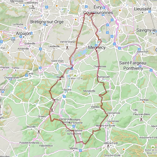 Map miniature of "Évry to Mennecy Gravel Ride" cycling inspiration in Ile-de-France, France. Generated by Tarmacs.app cycling route planner