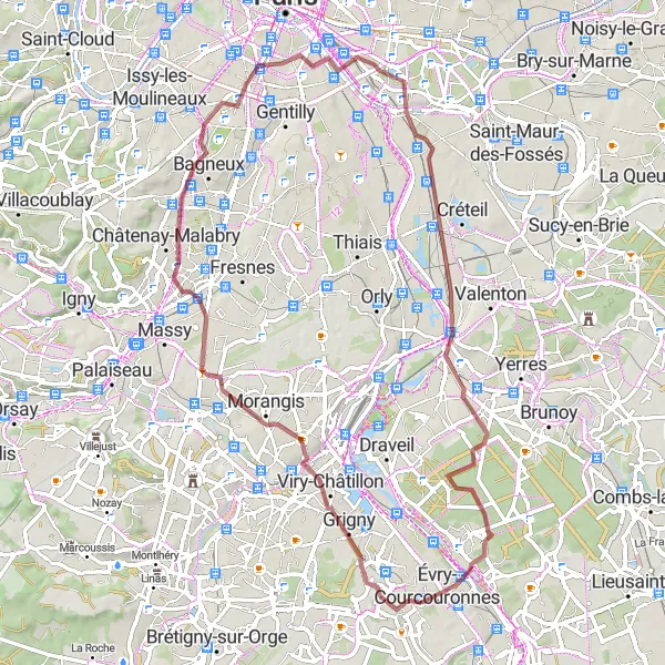 Map miniature of "Évry to Viry-Châtillon Gravel Adventure" cycling inspiration in Ile-de-France, France. Generated by Tarmacs.app cycling route planner