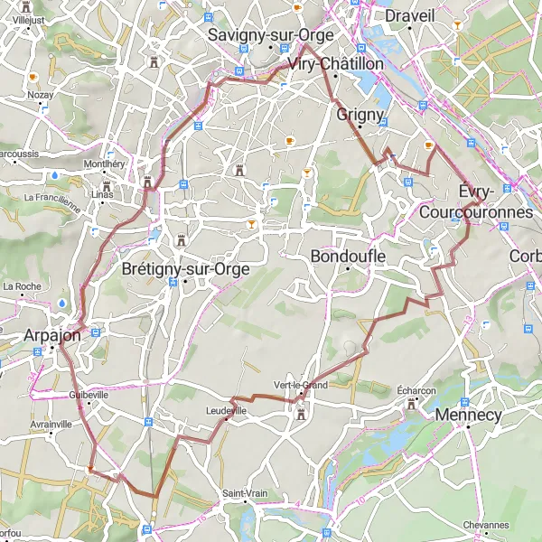Map miniature of "Gravel Adventure in Essonne" cycling inspiration in Ile-de-France, France. Generated by Tarmacs.app cycling route planner