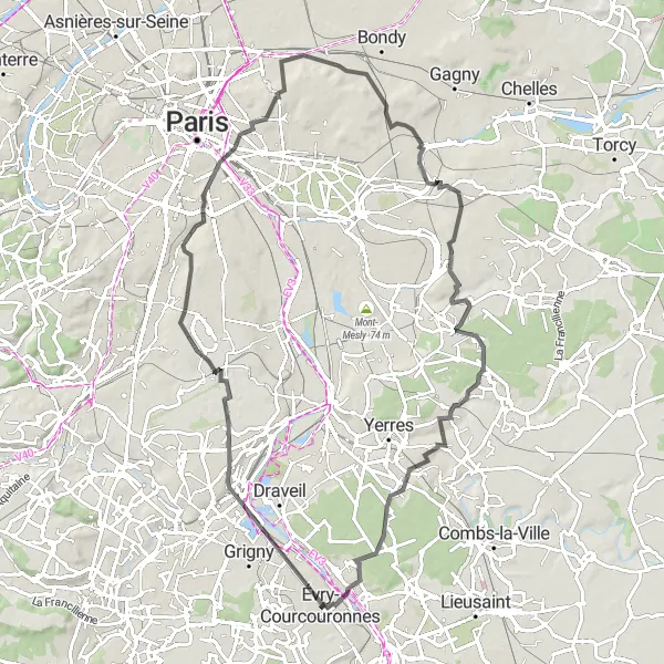 Map miniature of "Évry to Ris-Orangis Loop" cycling inspiration in Ile-de-France, France. Generated by Tarmacs.app cycling route planner