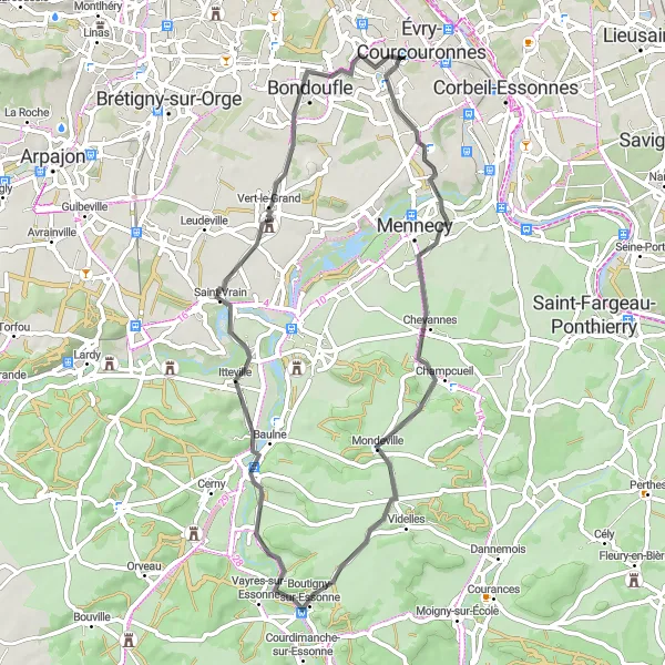 Miniature de la carte de l'inspiration cycliste "La Boucle de l'Essonne" dans la Ile-de-France, France. Générée par le planificateur d'itinéraire cycliste Tarmacs.app