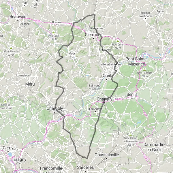 Map miniature of "Ézanville - Beaumont-sur-Oise - Neuilly-en-Thelle - Cauvigny - La Neuville-en-Hez - Airion - Liancourt - Chantilly - Chaumontel - Écouen" cycling inspiration in Ile-de-France, France. Generated by Tarmacs.app cycling route planner