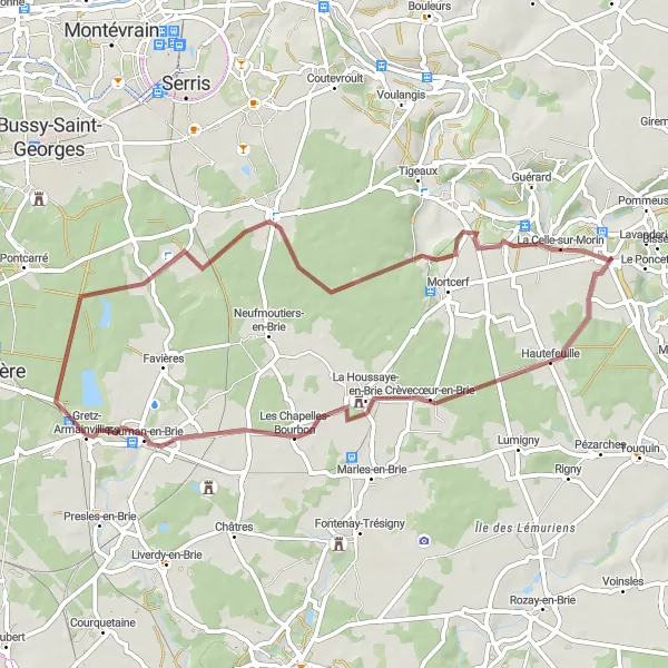 Map miniature of "Gravel Adventure in the Countryside" cycling inspiration in Ile-de-France, France. Generated by Tarmacs.app cycling route planner