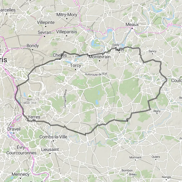 Map miniature of "Charming Villages and Countryside" cycling inspiration in Ile-de-France, France. Generated by Tarmacs.app cycling route planner