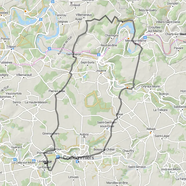 Map miniature of "Giremoutiers to Boissy-le-Châtel" cycling inspiration in Ile-de-France, France. Generated by Tarmacs.app cycling route planner