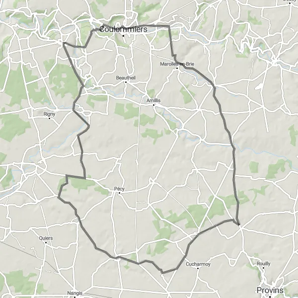 Map miniature of "Coulommiers to Brie" cycling inspiration in Ile-de-France, France. Generated by Tarmacs.app cycling route planner