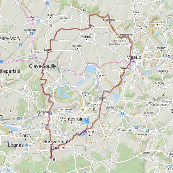 Map miniature of "Challenging Gravel Adventure through Lagny-sur-Marne" cycling inspiration in Ile-de-France, France. Generated by Tarmacs.app cycling route planner