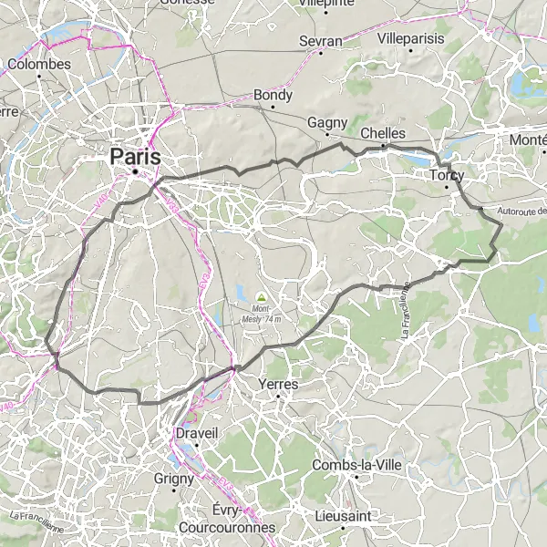 Map miniature of "Roads and Urban Wonders" cycling inspiration in Ile-de-France, France. Generated by Tarmacs.app cycling route planner