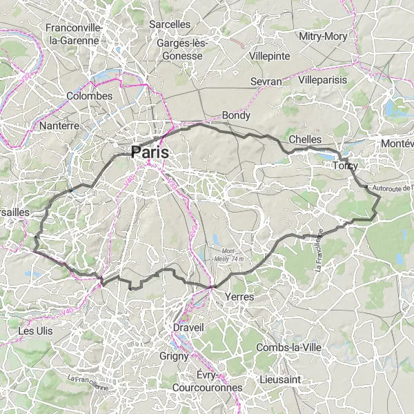 Map miniature of "Roads and Landmarks" cycling inspiration in Ile-de-France, France. Generated by Tarmacs.app cycling route planner