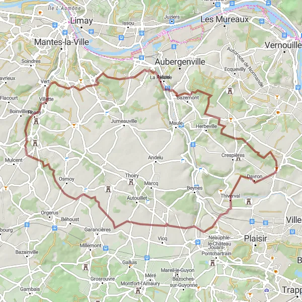 Map miniature of "Davron Gravel Loop" cycling inspiration in Ile-de-France, France. Generated by Tarmacs.app cycling route planner