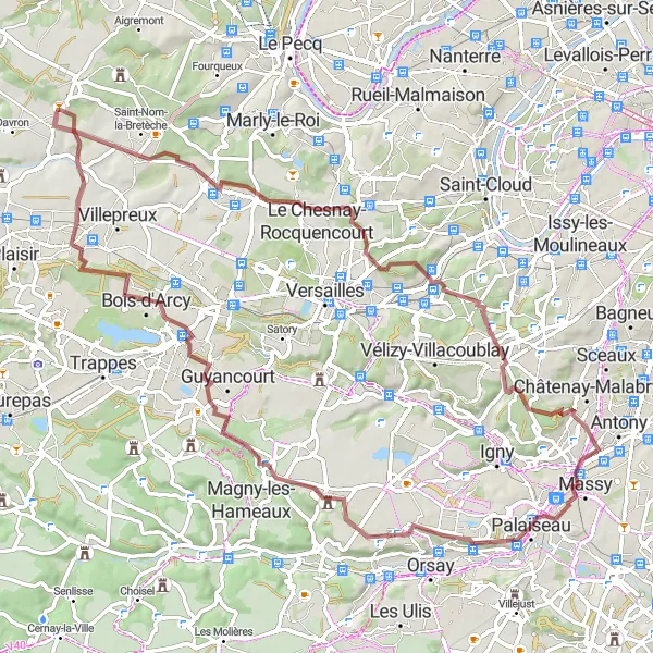 Map miniature of "Noisy-le-Roi Gravel Loop" cycling inspiration in Ile-de-France, France. Generated by Tarmacs.app cycling route planner