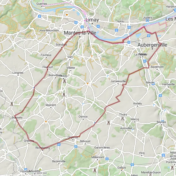 Map miniature of "The Scenic Gravel Ride near Flins-sur-Seine" cycling inspiration in Ile-de-France, France. Generated by Tarmacs.app cycling route planner
