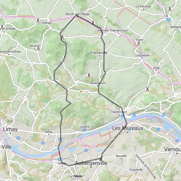 Map miniature of "The Flins-sur-Seine to Aubergenville Circuit" cycling inspiration in Ile-de-France, France. Generated by Tarmacs.app cycling route planner