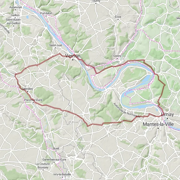 Miniature de la carte de l'inspiration cycliste "Tour Mantes-Vétheuil" dans la Ile-de-France, France. Générée par le planificateur d'itinéraire cycliste Tarmacs.app