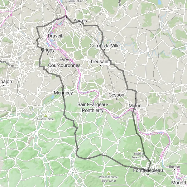 Map miniature of "Fontainebleau Ascent" cycling inspiration in Ile-de-France, France. Generated by Tarmacs.app cycling route planner