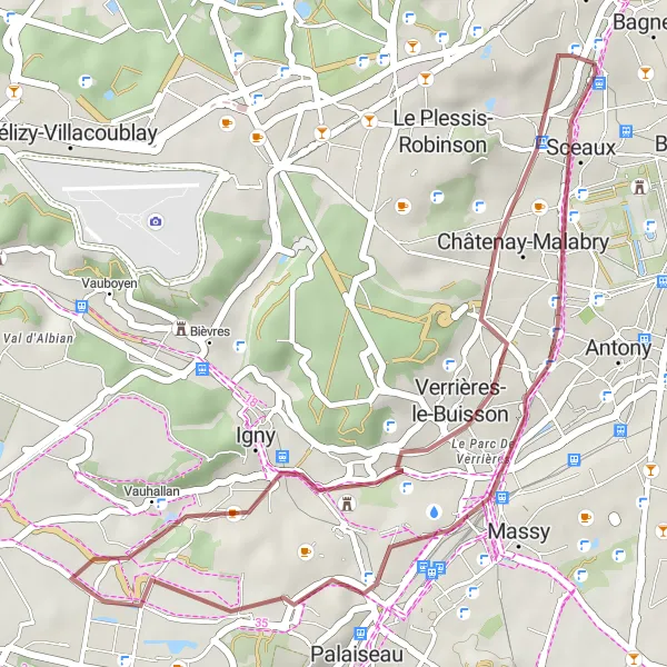 Miniature de la carte de l'inspiration cycliste "Parcours de gravel autour de Fontenay-aux-Roses" dans la Ile-de-France, France. Générée par le planificateur d'itinéraire cycliste Tarmacs.app