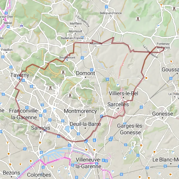 Map miniature of "Fontenay-en-Parisis to Le Mesnil-Aubry via Taverny" cycling inspiration in Ile-de-France, France. Generated by Tarmacs.app cycling route planner