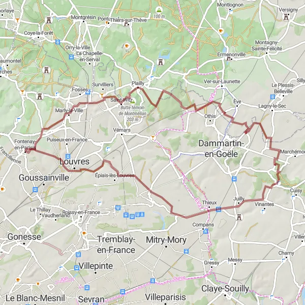 Miniature de la carte de l'inspiration cycliste "Parcours de 67 km en gravel en partant de Fontenay-en-Parisis" dans la Ile-de-France, France. Générée par le planificateur d'itinéraire cycliste Tarmacs.app