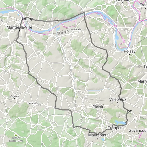 Map miniature of "Roads of Yvelines" cycling inspiration in Ile-de-France, France. Generated by Tarmacs.app cycling route planner