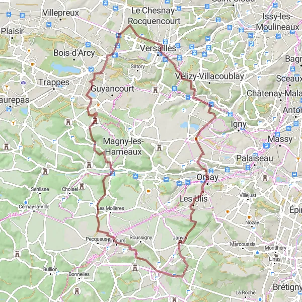 Map miniature of "The Gravel Escapade" cycling inspiration in Ile-de-France, France. Generated by Tarmacs.app cycling route planner