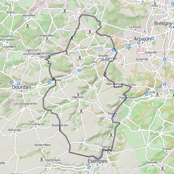 Map miniature of "Challenging Road Cycling Route to Fontenay-lès-Briis" cycling inspiration in Ile-de-France, France. Generated by Tarmacs.app cycling route planner