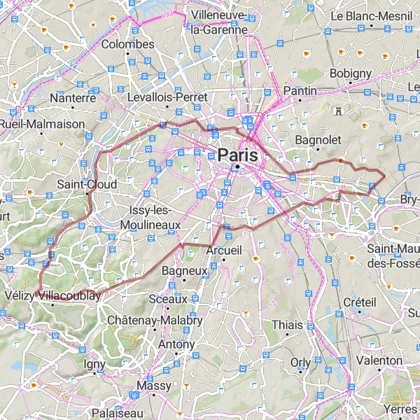 Miniature de la carte de l'inspiration cycliste "Tour des Monuments" dans la Ile-de-France, France. Générée par le planificateur d'itinéraire cycliste Tarmacs.app