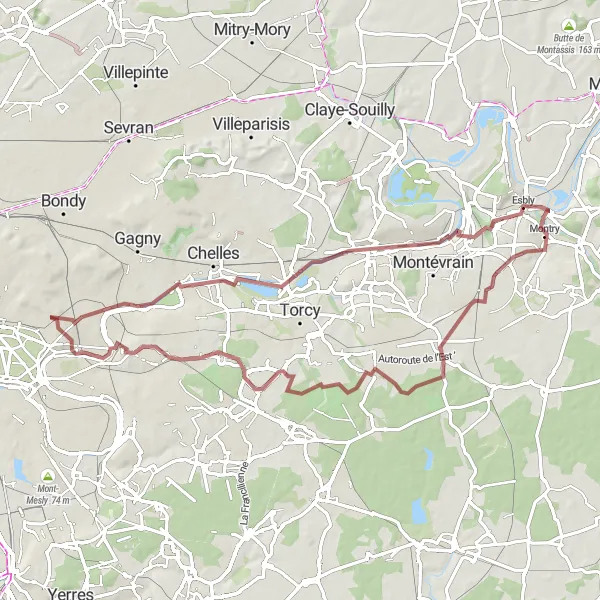 Miniature de la carte de l'inspiration cycliste "Balade de 72km en gravel au départ de Fontenay-sous-Bois" dans la Ile-de-France, France. Générée par le planificateur d'itinéraire cycliste Tarmacs.app