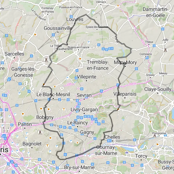 Miniature de la carte de l'inspiration cycliste "Parcours de Bourgogne" dans la Ile-de-France, France. Générée par le planificateur d'itinéraire cycliste Tarmacs.app