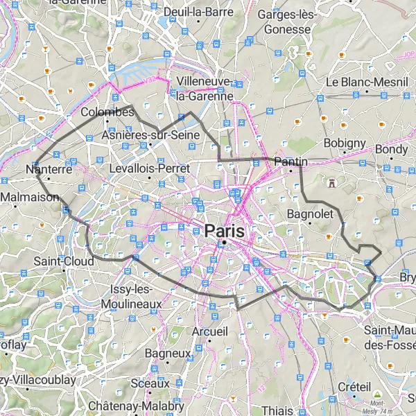 Map miniature of "Challenging Road Cycling Route through Nanterre and Bagnolet" cycling inspiration in Ile-de-France, France. Generated by Tarmacs.app cycling route planner