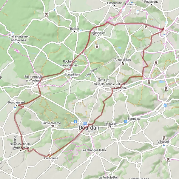 Miniature de la carte de l'inspiration cycliste "Les Charmes de la Vallée de Chevreuse" dans la Ile-de-France, France. Générée par le planificateur d'itinéraire cycliste Tarmacs.app