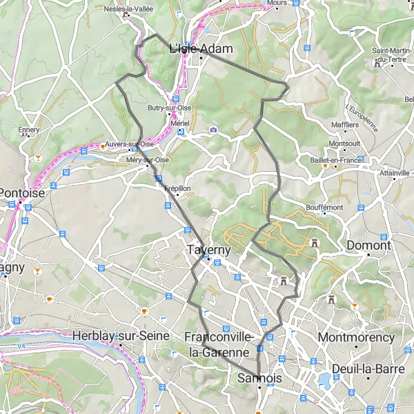 Map miniature of "Roads Less Traveled" cycling inspiration in Ile-de-France, France. Generated by Tarmacs.app cycling route planner