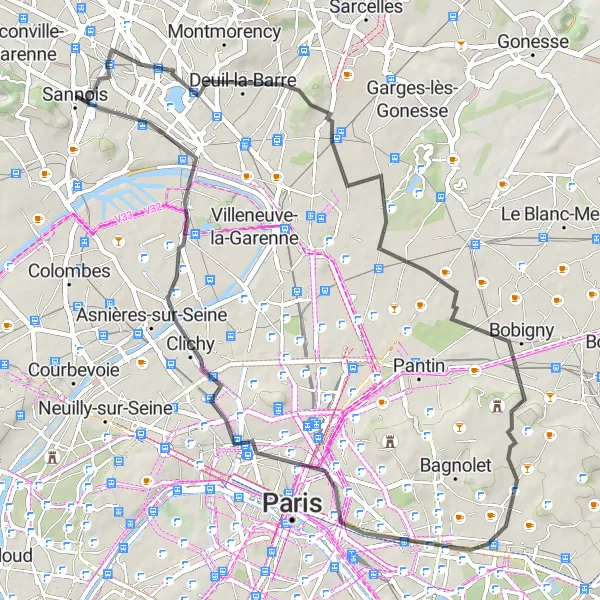 Map miniature of "Franconville to Bobigny Circuit" cycling inspiration in Ile-de-France, France. Generated by Tarmacs.app cycling route planner