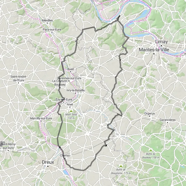 Map miniature of "The Ruins and Valleys of Freneuse" cycling inspiration in Ile-de-France, France. Generated by Tarmacs.app cycling route planner