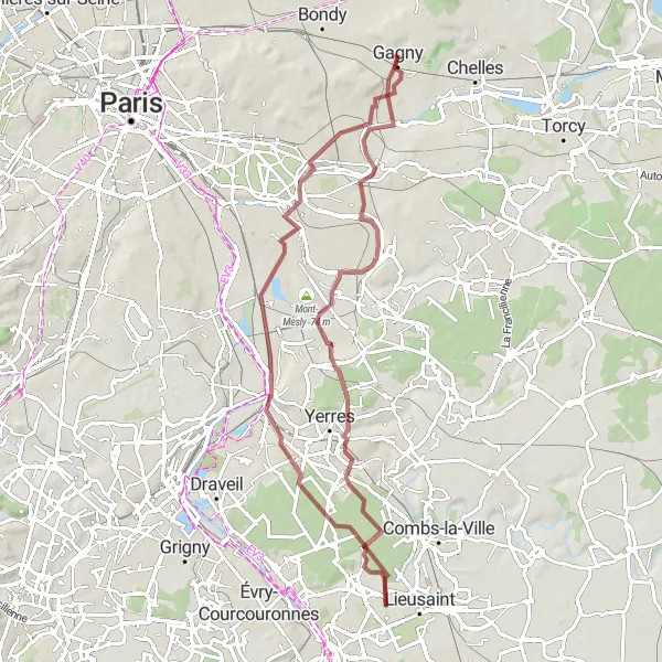 Map miniature of "Gravel Route to Nogent-sur-Marne and Montgeron" cycling inspiration in Ile-de-France, France. Generated by Tarmacs.app cycling route planner