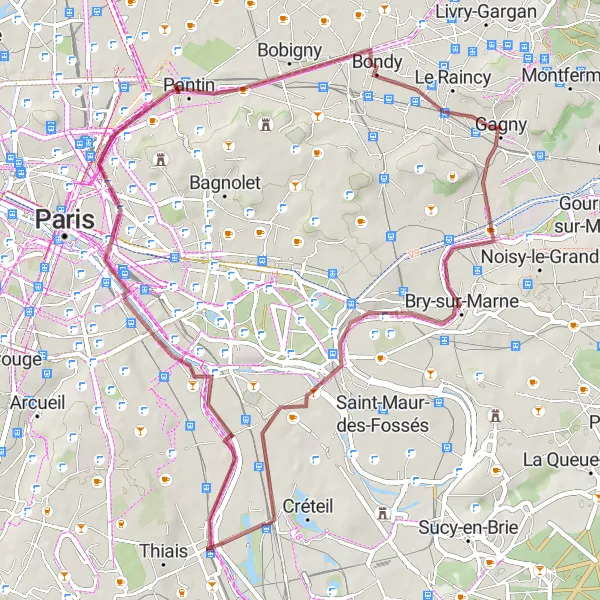 Miniature de la carte de l'inspiration cycliste "Nogent-sur-Marne - Bondy" dans la Ile-de-France, France. Générée par le planificateur d'itinéraire cycliste Tarmacs.app