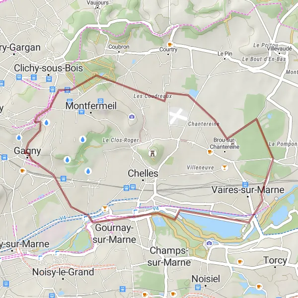 Map miniature of "Short Gravel Adventure to Montfermeil and Gagny" cycling inspiration in Ile-de-France, France. Generated by Tarmacs.app cycling route planner