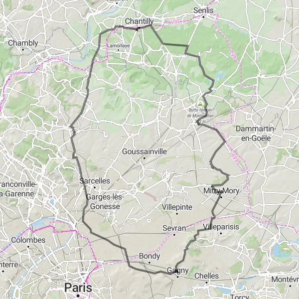 Map miniature of "Road Cycling to Chantilly and Le Mesnil-Amelot" cycling inspiration in Ile-de-France, France. Generated by Tarmacs.app cycling route planner