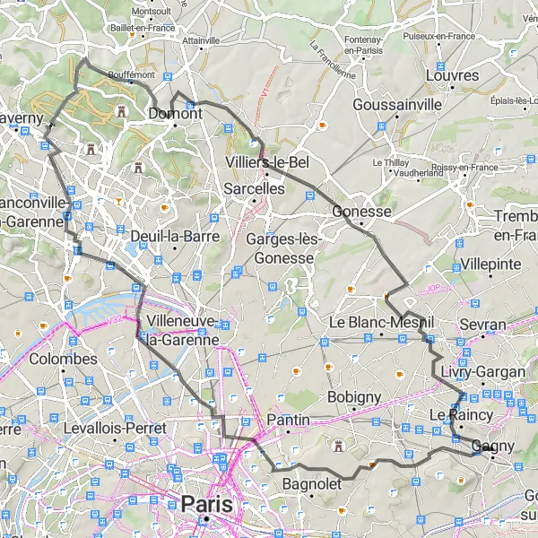 Miniature de la carte de l'inspiration cycliste "Parcours des Collines de l'Est" dans la Ile-de-France, France. Générée par le planificateur d'itinéraire cycliste Tarmacs.app