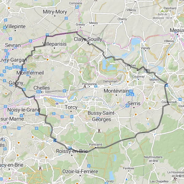 Map miniature of "Gagny Loop via Vaujours and Roissy-en-Brie" cycling inspiration in Ile-de-France, France. Generated by Tarmacs.app cycling route planner