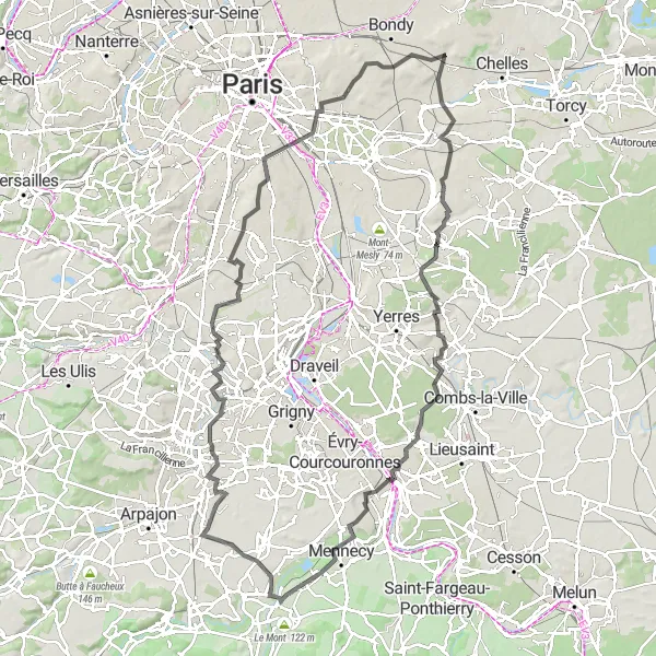 Map miniature of "Challenging Road Cycling Route to Boussy-Saint-Antoine and Corbeil-Essonnes" cycling inspiration in Ile-de-France, France. Generated by Tarmacs.app cycling route planner