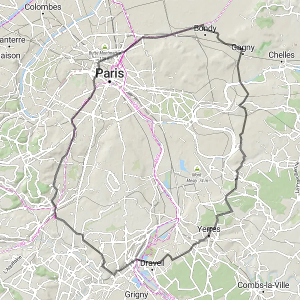 Miniature de la carte de l'inspiration cycliste "Tour des Vallées de l'Essonne et de la Seine" dans la Ile-de-France, France. Générée par le planificateur d'itinéraire cycliste Tarmacs.app