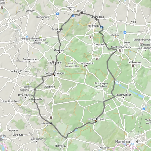 Miniature de la carte de l'inspiration cycliste "Parcours Route pittoresque" dans la Ile-de-France, France. Générée par le planificateur d'itinéraire cycliste Tarmacs.app