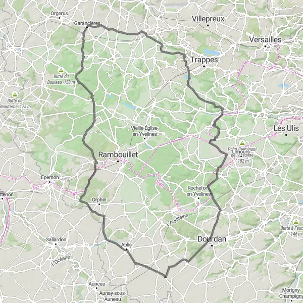 Miniature de la carte de l'inspiration cycliste "Les Châteaux de la Vallée de Chevreuse" dans la Ile-de-France, France. Générée par le planificateur d'itinéraire cycliste Tarmacs.app