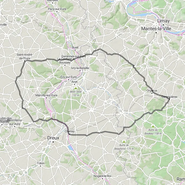 Miniature de la carte de l'inspiration cycliste "La Route des Châteaux et des Villages" dans la Ile-de-France, France. Générée par le planificateur d'itinéraire cycliste Tarmacs.app