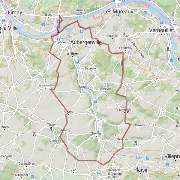 Miniature de la carte de l'inspiration cycliste "Parcours autour de Flins-sur-Seine" dans la Ile-de-France, France. Générée par le planificateur d'itinéraire cycliste Tarmacs.app